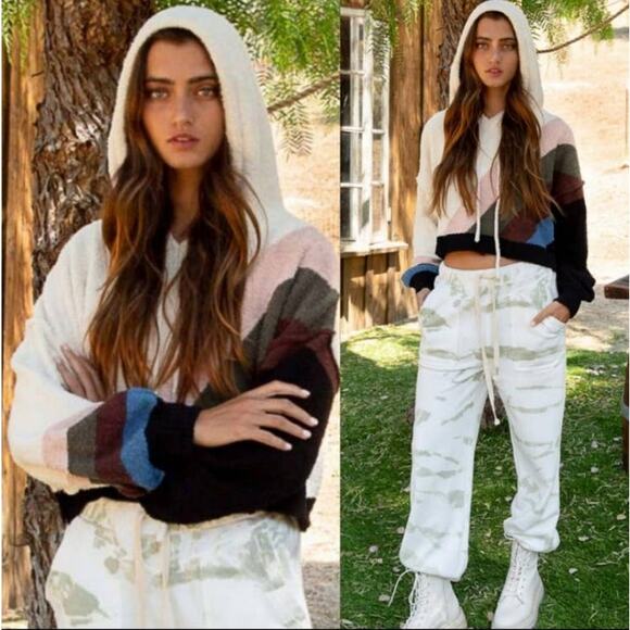 POL cropped berber drawstring hoodie colorblock multicolor small - Picture 3 of 4